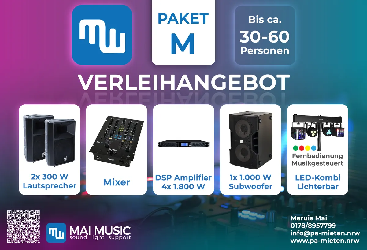 Verleihangebot Paket M von MAI MUSIC: Lautsprecher, Subwoofer, Mixer, DSP-Endstufe und LED-Lichterbar für 30 bis 60 Personen